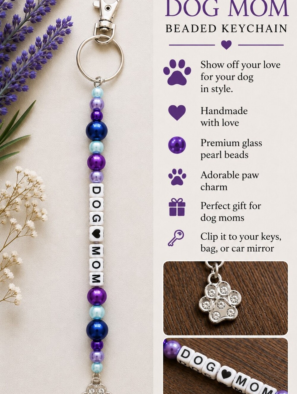Handmade Dog Mom Beaded Keychain | Dog Lover Gift | Purse Charm | Backpack Charm - Picture 4 of 4